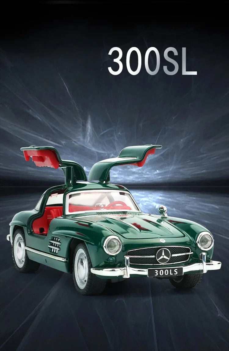 1:32 500K 300SL Vintage Car Model Toy Shock Absorption Alloy Diecast Vehicle Models Sound Light Pull Back Collection Gifts