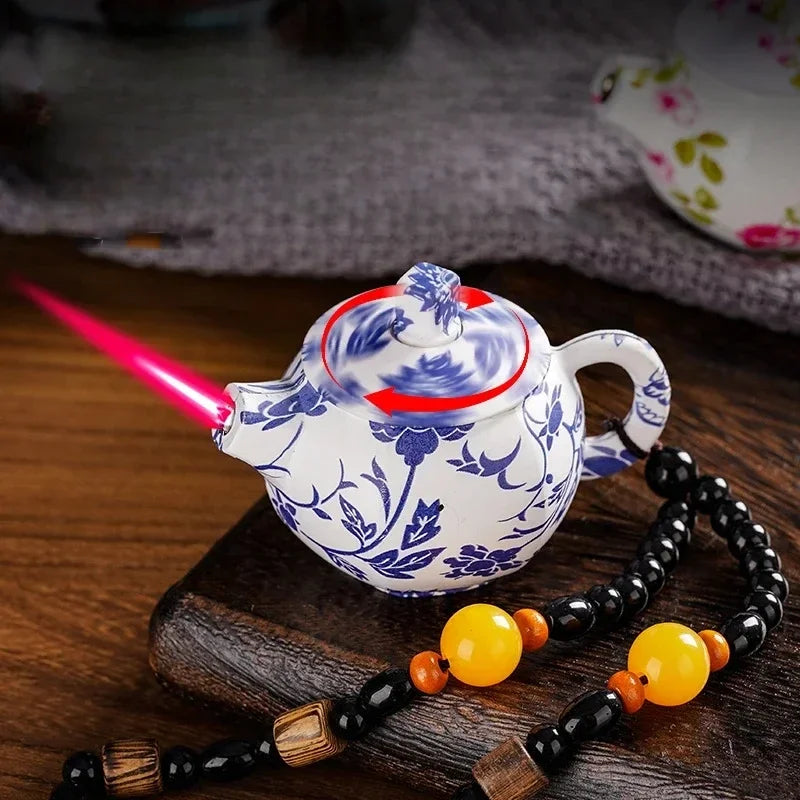 Creative Teapot Gas Lighter Adjustable Flames with Playing Inflation Windproof Red Flame Cigarette Accessories Unique Gift