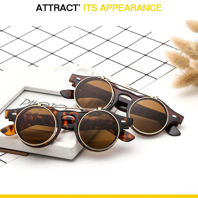 Steampunk Round Stylish Frame Flip Cover Men's Sunglasses