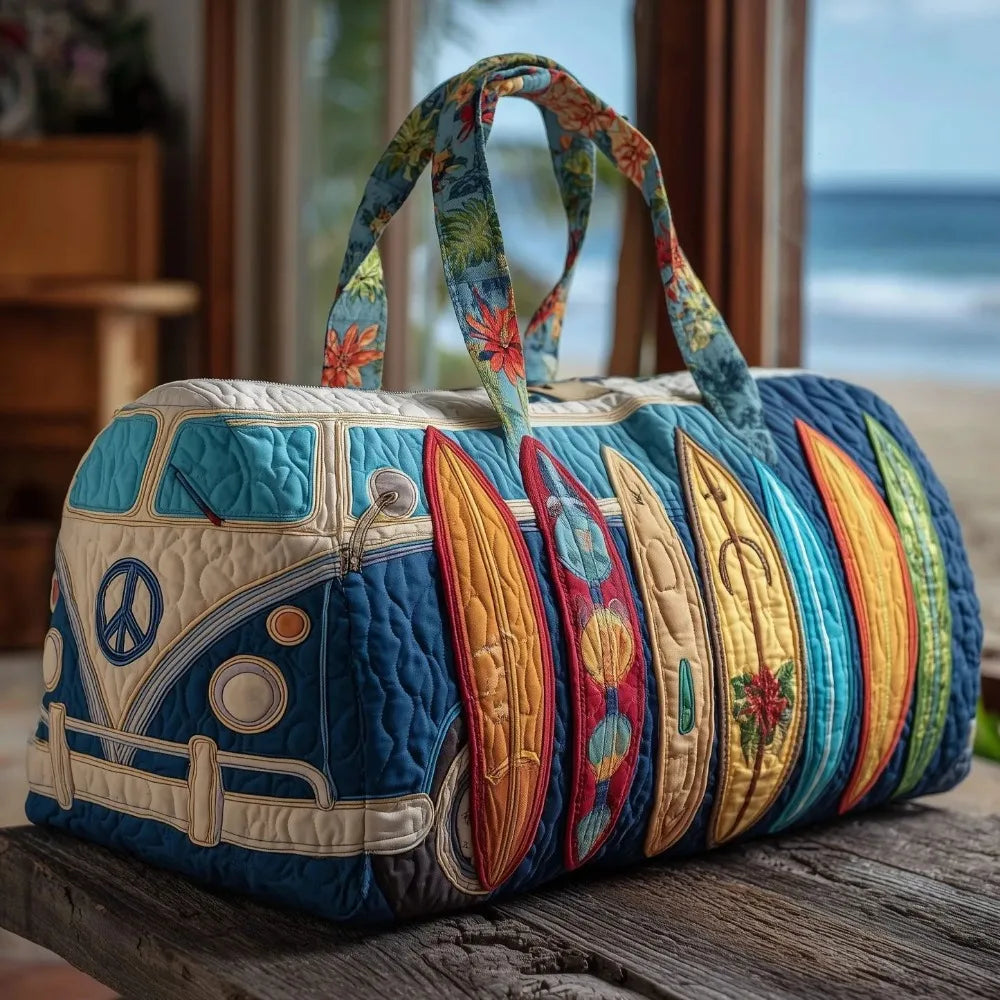 3D Quilted Bus Print Travel Duffle Bag Large Capacity Gym Tote