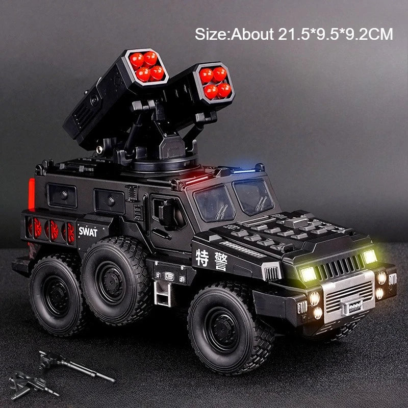 1:50 Alloy Armored Car Diecast Model Toy Sound Light Pull Back Doors Opened Miniature Missile Vehicle for  Boy Collection Fun