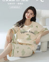 2-Pcs Women’s Summer Cotton Pajama Set – Short Sleeve Top & Calf-Length Pants with Cute Prints
