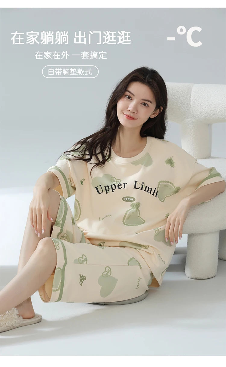 2-Pcs Women’s Summer Cotton Pajama Set – Breathable Short Sleeve Sleepwear with Cute Prints