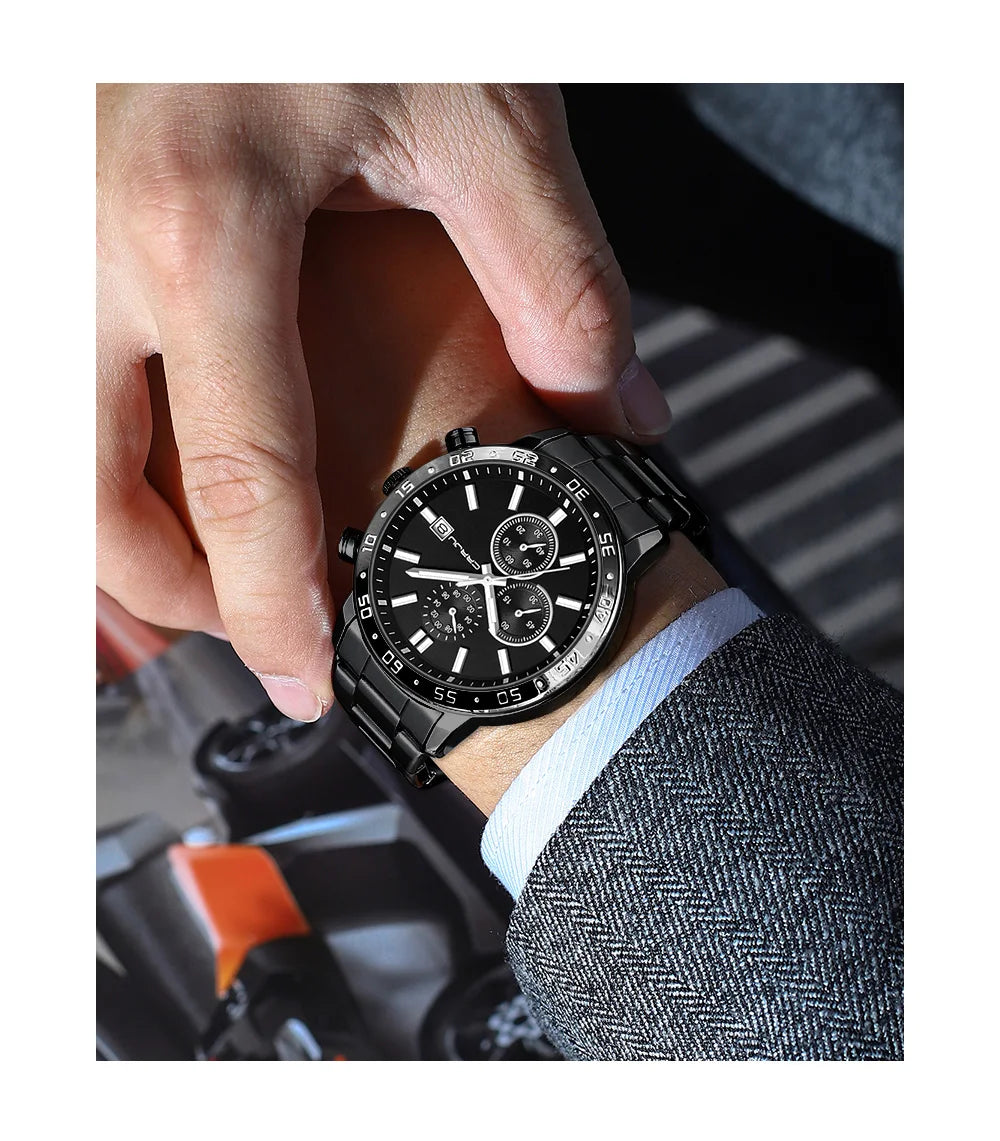 Fashion Mens Business Stainless Steel Band Quartz Watches with Calendar Chronograph Luminous Analog Wristwatch Man