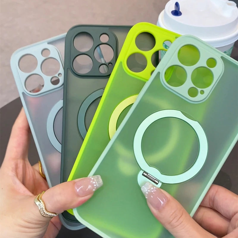 Luxury Magsafe Matte Phone Case For iPhone 16 Pro Max with Magnetic Rotatable Ring Stand Camera Lens Protection Shockproof Case