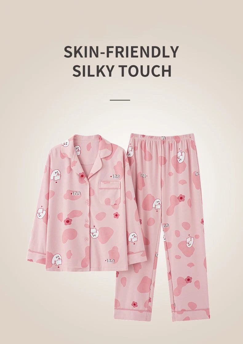 Women’s Winter 100% Cotton Pajama Set – Loose Fit, Turn-Down Collar, Long Sleeves, Cute Pink