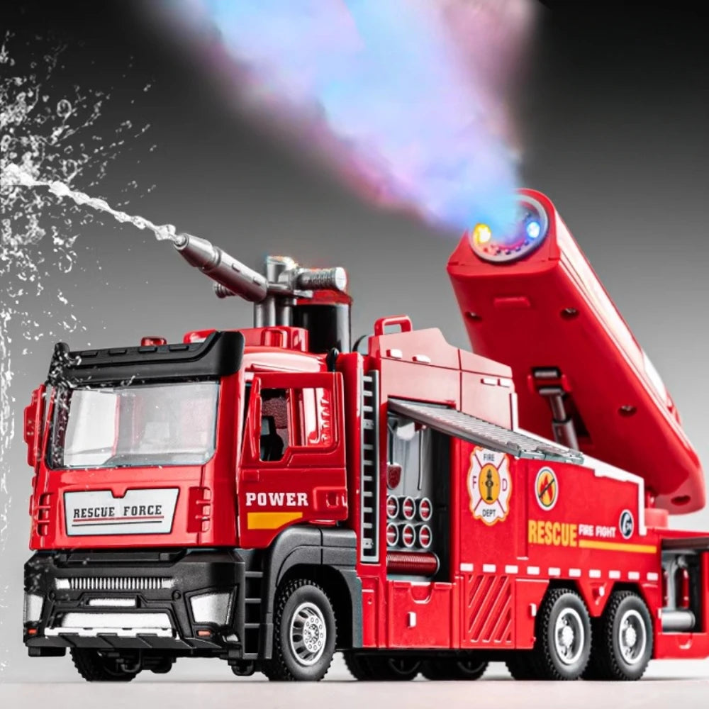1:32 Water Spray Fog Fire Truck Model Sweeper Toy Car Sound Light Pull Back Doors Opened Vehicles Collection  Gifts