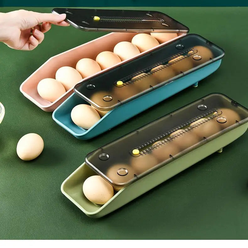 Automatic Rolling Egg Storage Box – Plastic Refrigerator Egg Holder Tray Kitchen Storage Container