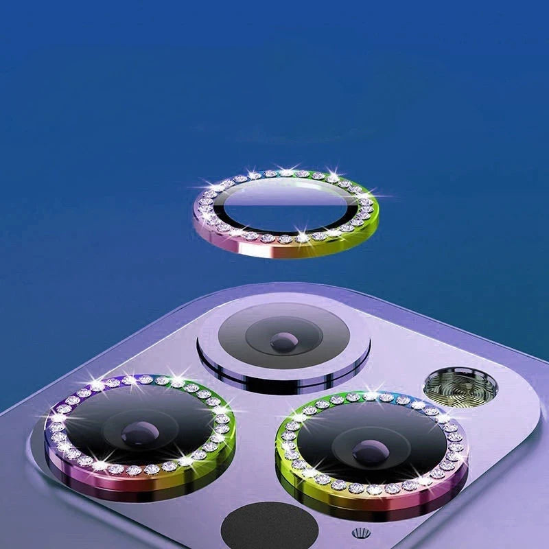 Glitter Diamond Rhinestones Metal Ring Camera Tempered Glass For iPhone 15 11 12 13 14 Pro Max Plus Lens Protector Full Cover