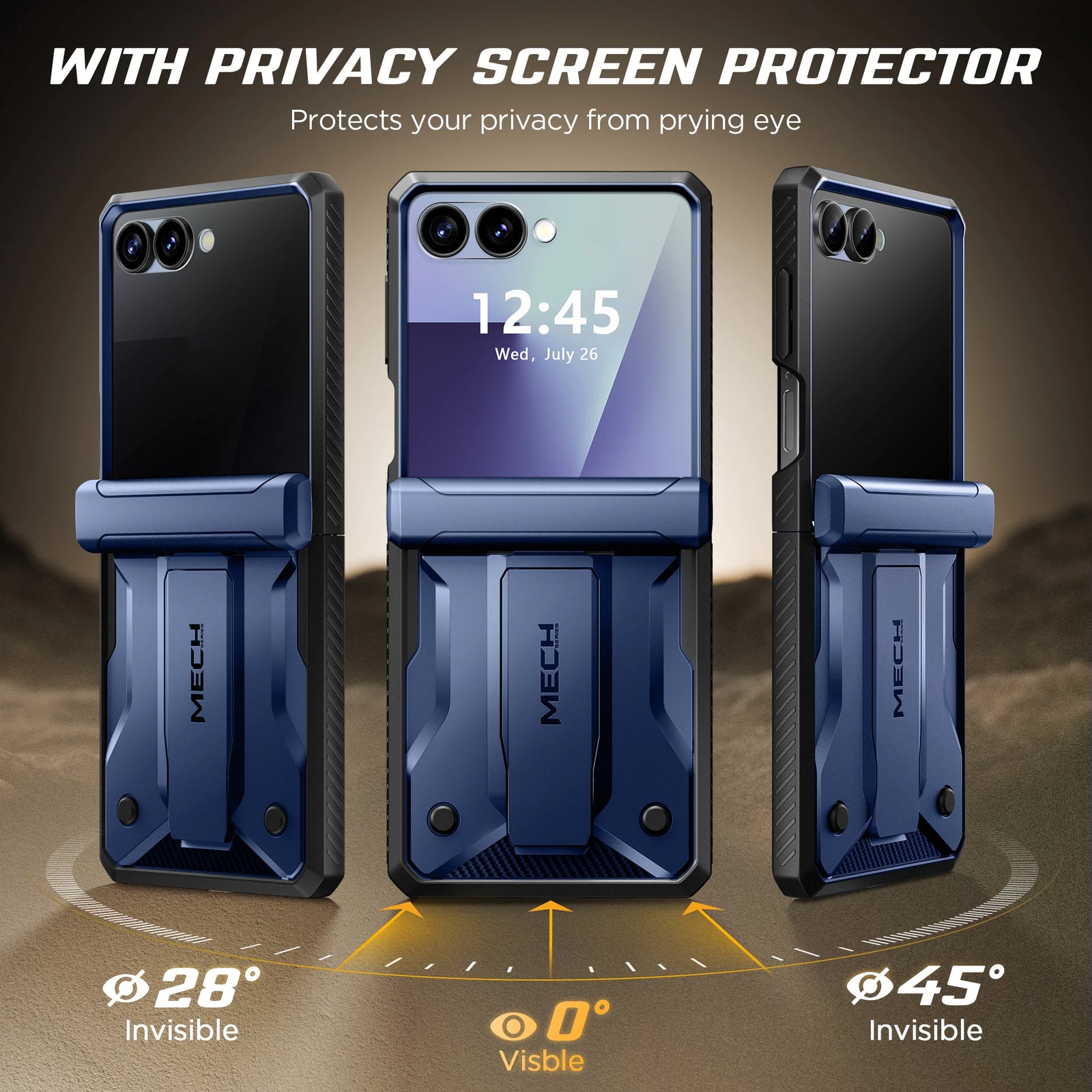 For Galaxy Z Flip 7 Case with Kickstand & 360° Rotatable Belt-Clip Built-in Privacy Screen Protector Hinge Protection Phone Case