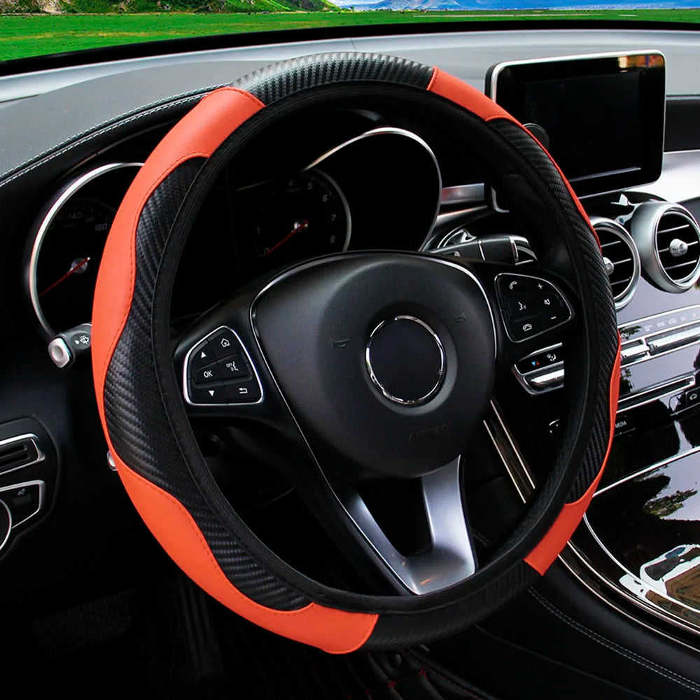 PU Carbon Fiber Leather Car Steering Wheel Cover 37CM 38CM