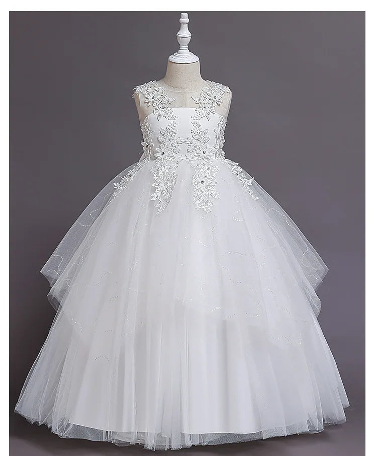 Summer Flower Girls Party Lace Dress Kids Long Princess Dress Mesh Children's Day Clothing Gowns for Girls for Wedding