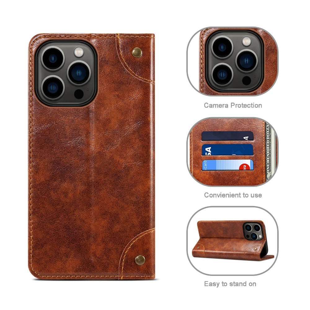 Flip Leather Wallet Phone Case for iPhone 16 15 Pro Max 16E 14 Plus with Magnetic Card Slot Holder Cover