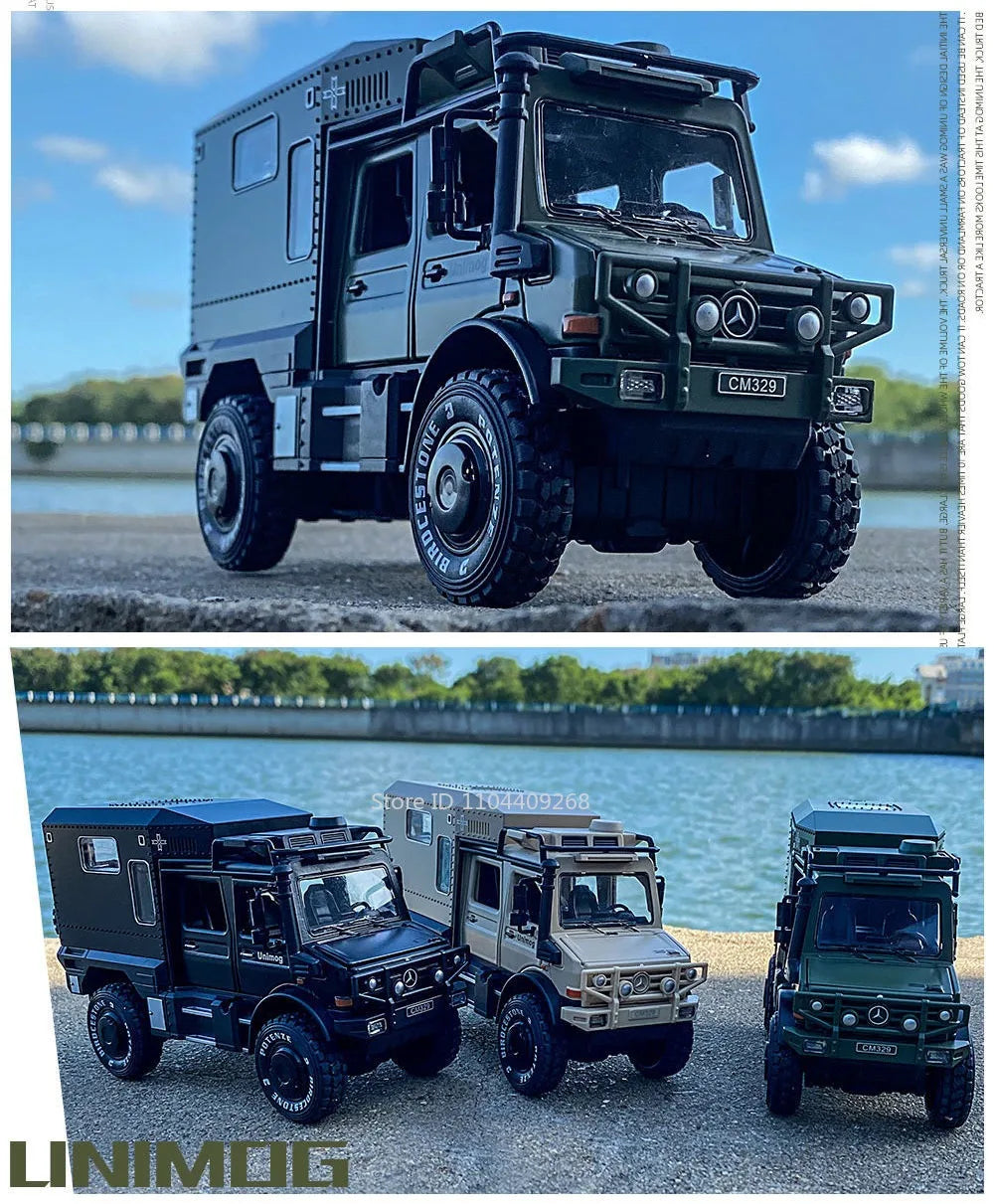 1:28 Scale Unimog U5000 Land Rover Defender Toy Car Model Rubber Tire Alloy Diecast Sound Light Off-Road Vehicle  Toy