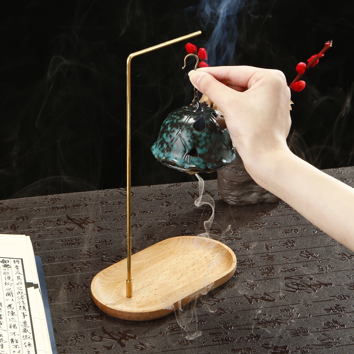 Creative Ceramic Lotus Incense Burner Set Smoke Backflow Lotus Seed Head Incense Holder with Wooden Incense Tray Home Decor
