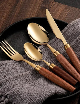 4pcs Wooden Handle Cutlery Set Stainless Steel Knife Fork Spoon Suit Sapele Wooden Western Flatware Dishwasher Safe Kitchen Item