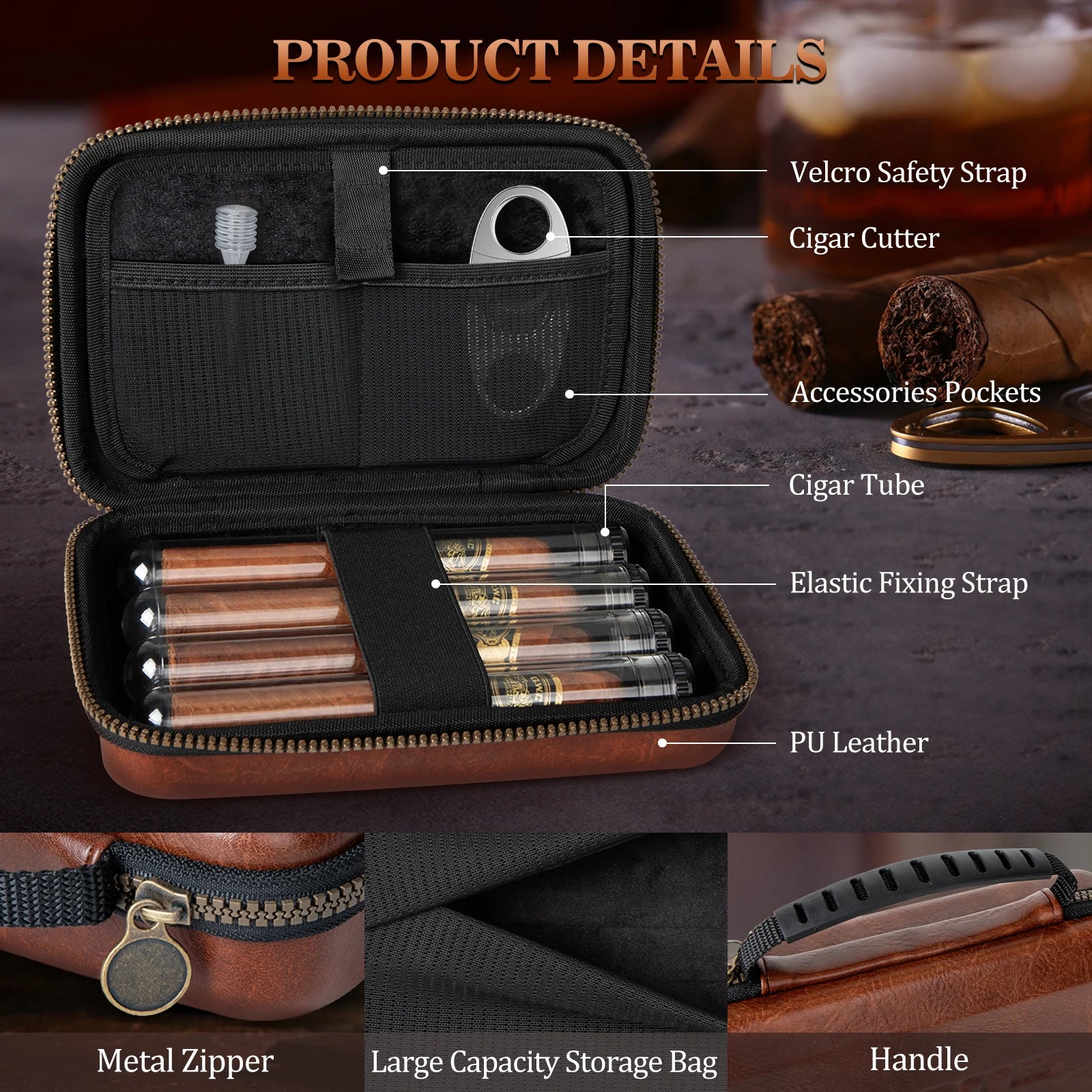 Leather Travel Cigar Humidor with 4 Cigar Tube and Cigar Cutter,Cigar Accessories Gift Set for Men,Lighter not included