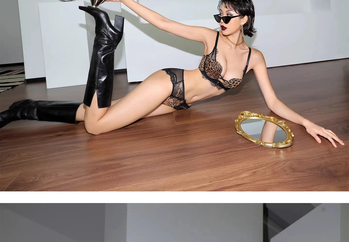 Womens Leopard Print Lace Push Up Bra and Brief Set