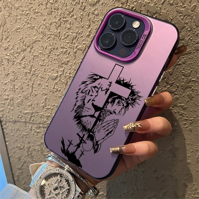 Cross Pattern Bicolor Lion Phone Case For iPhone 14 15 16 Pro Max Shockproof Anti Fall Back Cover