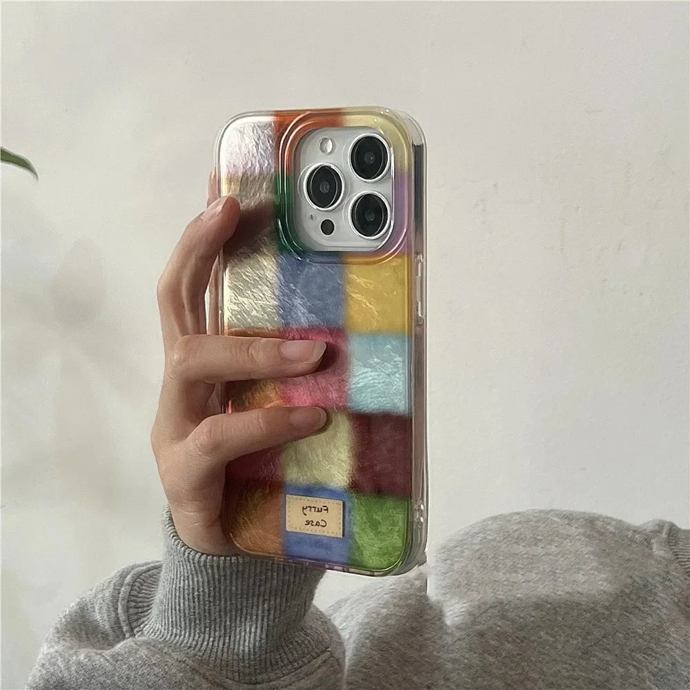 Dopamine Color Block Match Plaid Phone Case For iPhone 17 16 15 14 16E Grid Label Matte Cover