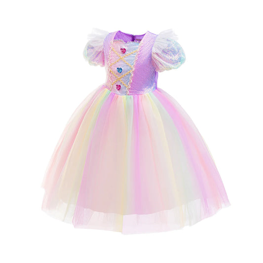 Rainbow Gradient Princess Ball Gown with Puff Bubble Sleeves