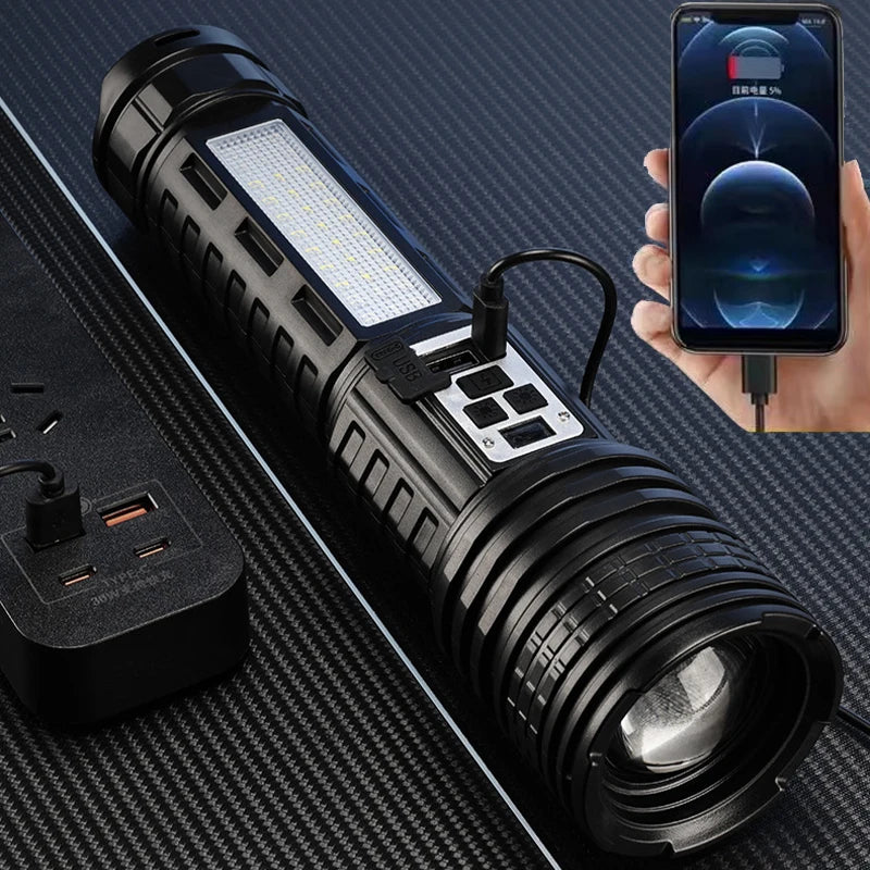 High Power Flashlight Super Big Flashlight Rechargeable Most Strong LED Flash Light Long Range Torch Outdoor Built in Battery
