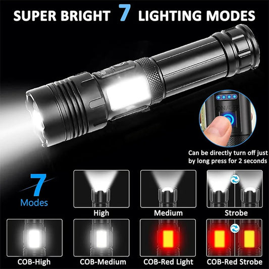 High Power Rechargeable LED Flashlight With COB Side Light And Zoom