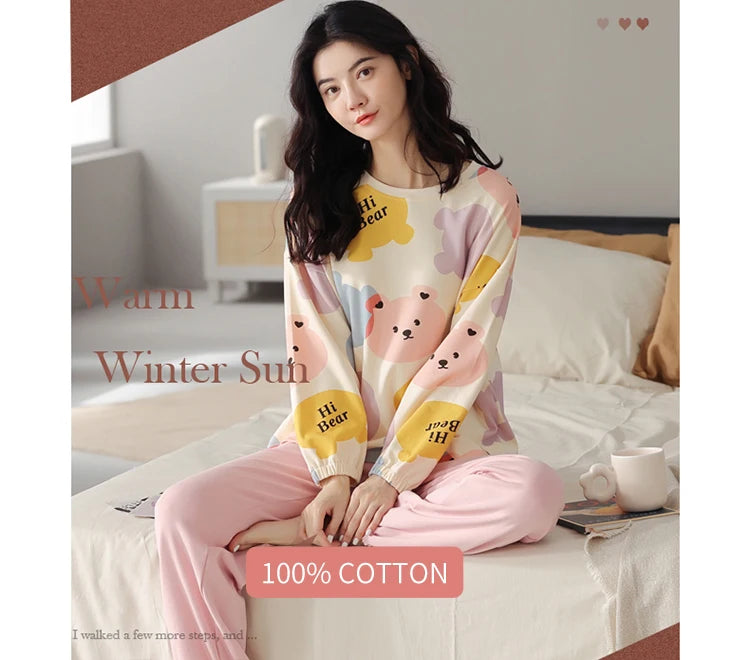 Women’s Cute Lazy Style Cotton Pajama Set – Soft, Loose Long Sleeves & Pants