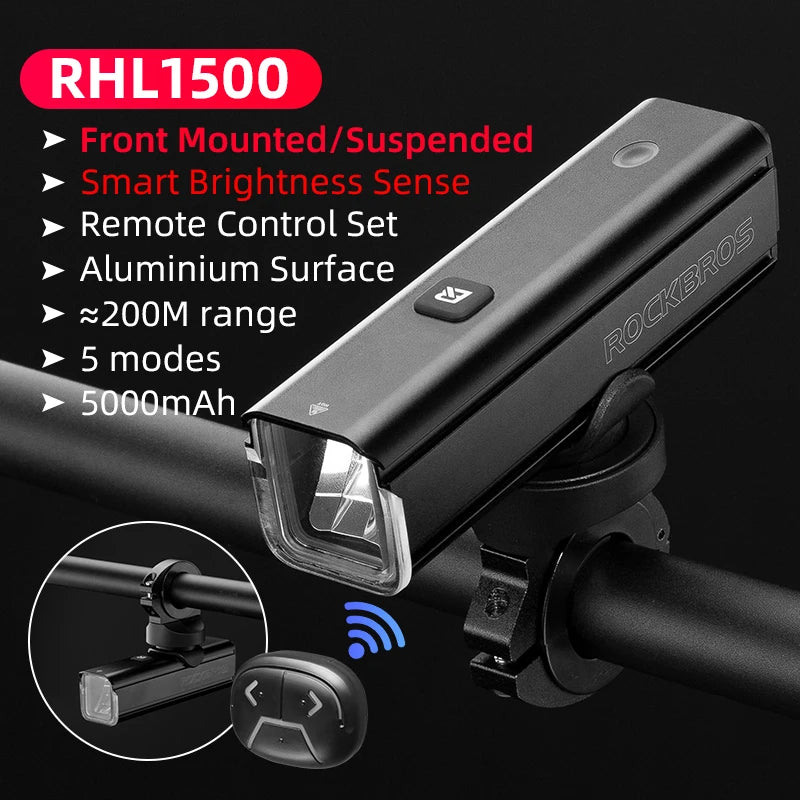Bike Front Light 1500LM 5000mAH Battery Bicycle Light Aluminum Smart Sense LED Lamp Flashlight Cycling Headlight