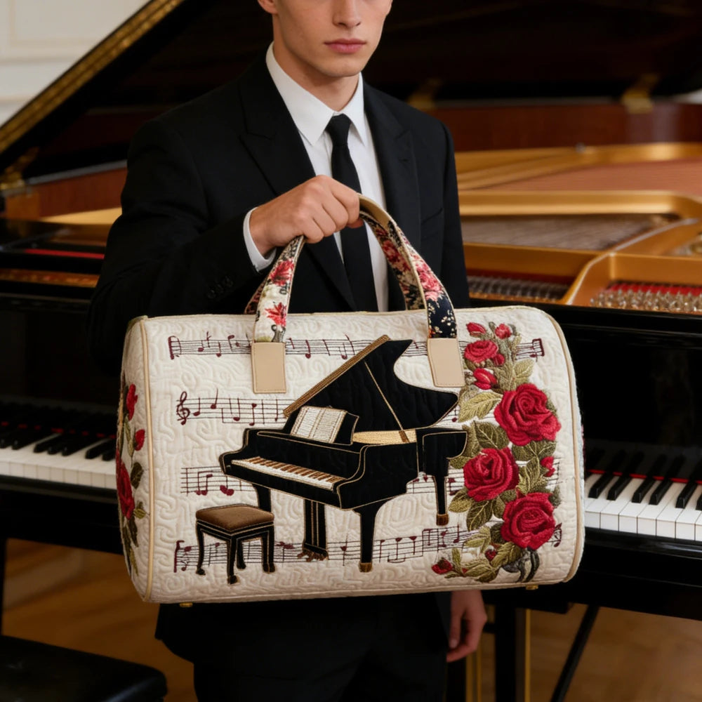 3D Printed Quilted Music Tote Bag Guitar Piano Floral Rose Design Travel Duffle Bag Carry on Luggage Unique Weekender Bag