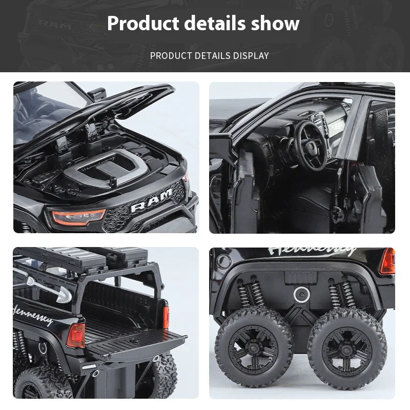 1:32 Dodge Tyrannosaurus Rex RAM 1500 TRX 6*6 Warlord Alloy Miniature Car Diecast Metal Scale Model Sound ＆ Light Toy Car