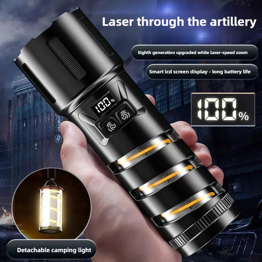 2-in-1 XHP360 High Power Tactical Flashlight Rechargeable Zoom Torch with Camping Light Power Bank Safety Hammer