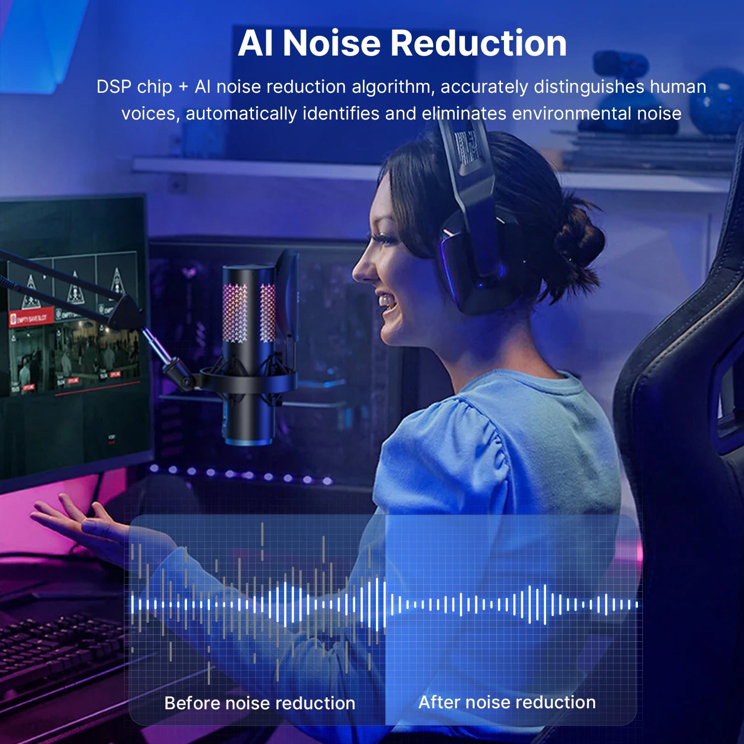 K5 USB Microphone for Gaming Live Streaming on PC Mac,Headphone Jack/Touch-Mute Button/RGB/AI Noise Reduction/Gain Control