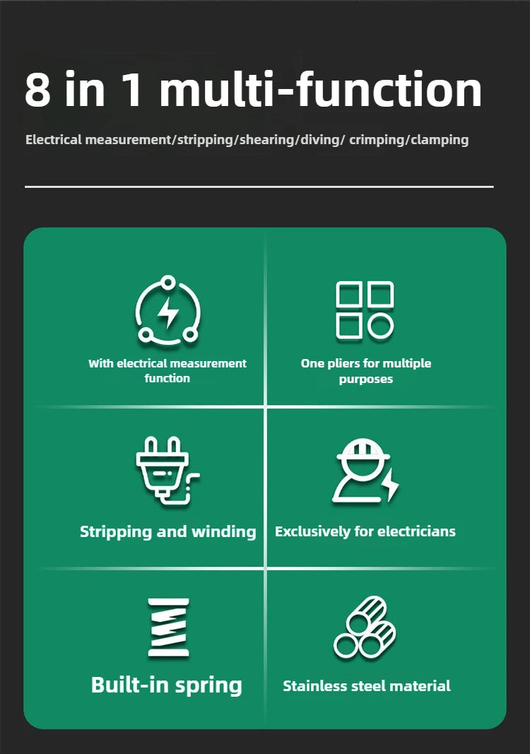 Multifunctional Wire Stripper Electrician's Pliers 8-in-1 Stainless Steel Needle-nose Pliers with Wire Measuring Hand Tools