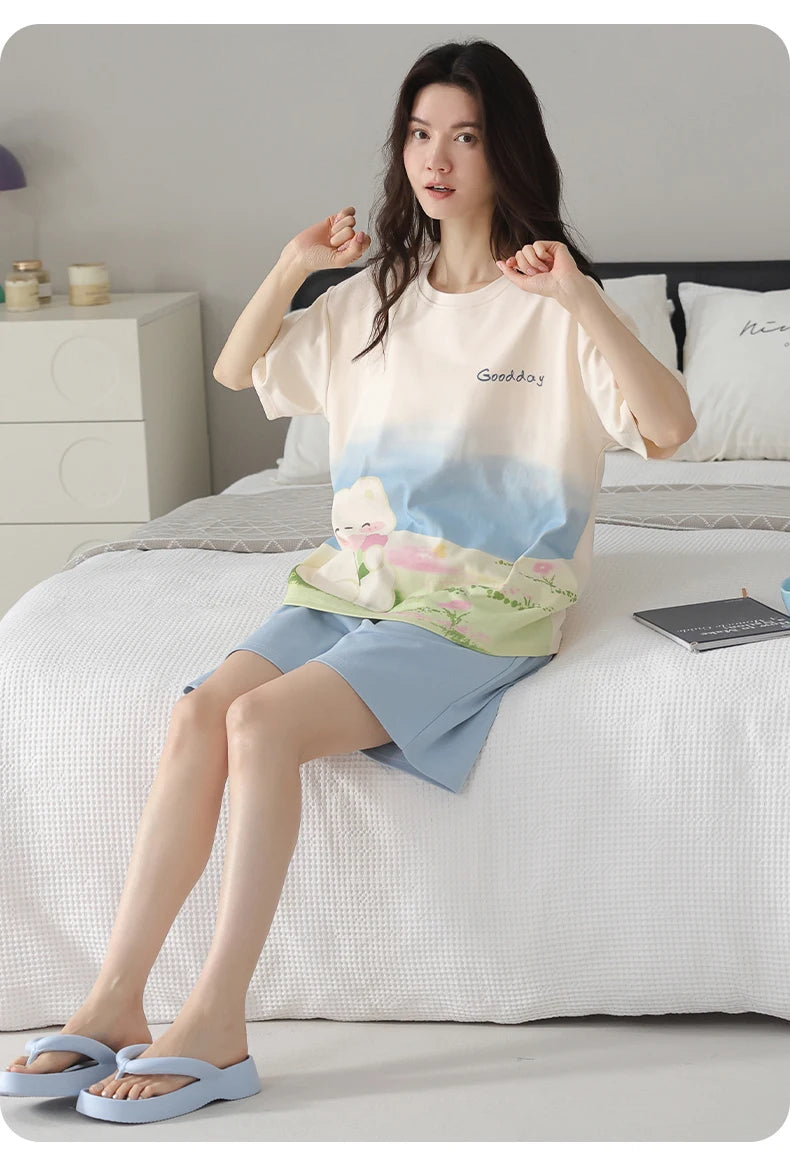 2-Pcs Women’s Cotton Pajama Set – Breathable Short Sleeve Summer Sleepwear with Cute Prints