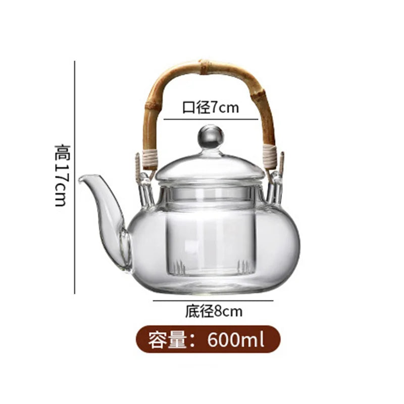 600ML Borosilicate Glass Teapot With Bamboo Handle Household Convenient Heated Tea Kettle with Filter Kung Fu Flower Tea Pot