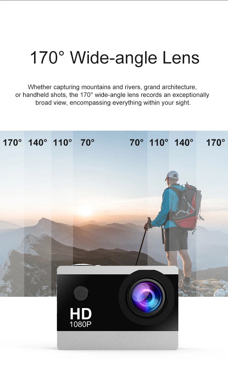 1080P Waterproof Action Camera with 2 Inch IPS Screen 170 Degree Wide Angle Helmet Sports Camera