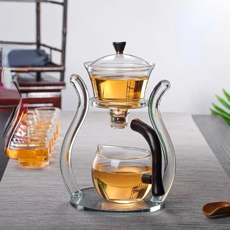 Glass Automatic Lazy Tea Set  Crystal Glass Teapot Set Rotating Cover Kung Fu Heat-Resistant Teapot 6 Cups