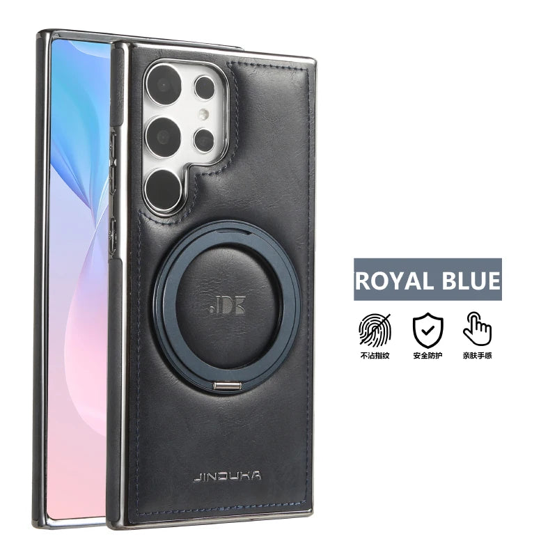 For Magsafe  360°Rotating Metal Car Bracket Ring Solid Color Leather Phone Case For Samsung S24 Ultra S22 S23 Ultra Plus