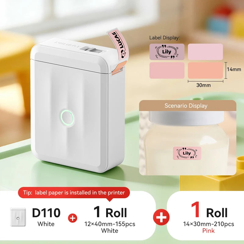 D110 Mini Portable Thermal Label Printer, Bluetooth Smart Label Maker with Adhesive Tape, Inkless 203 DPI for Home, Office & School