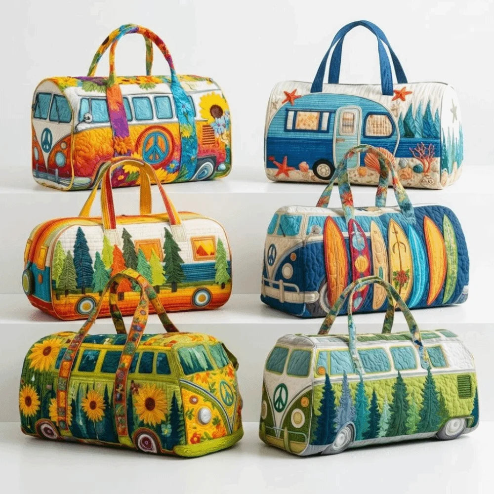 3D Quilted Bus Print Travel Duffle Bag Large Capacity Gym Tote