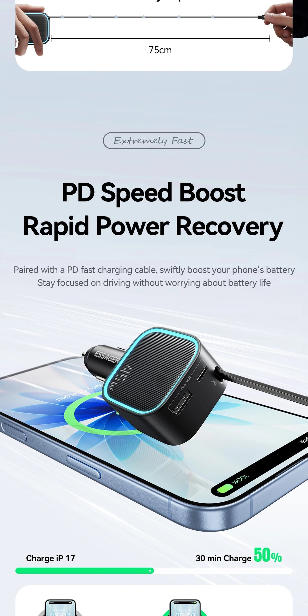45W Car Charger with 75CM Retractable Cable PD Fast Charging USB C & USB A 3 Port Adapter