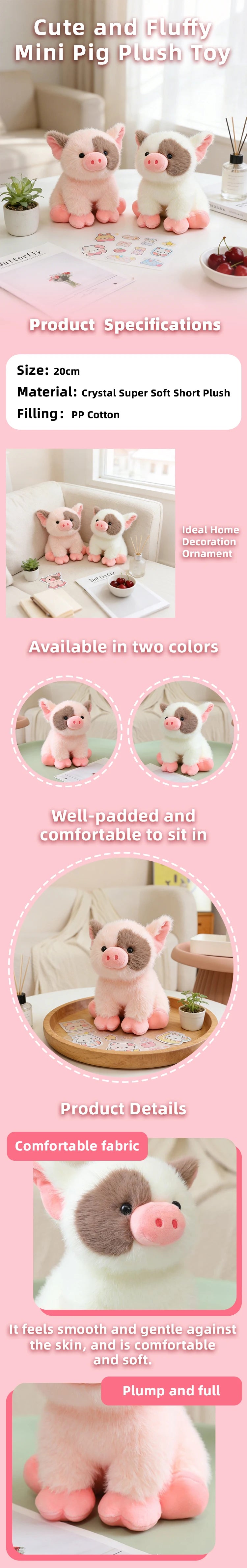 20CM Cute Pink White Pig Plush Toy Doll Soft Stuffed Animal Piggy Fluffy  Sleeping Pillow Birthday Gift Kids Girl Boy Room Decor