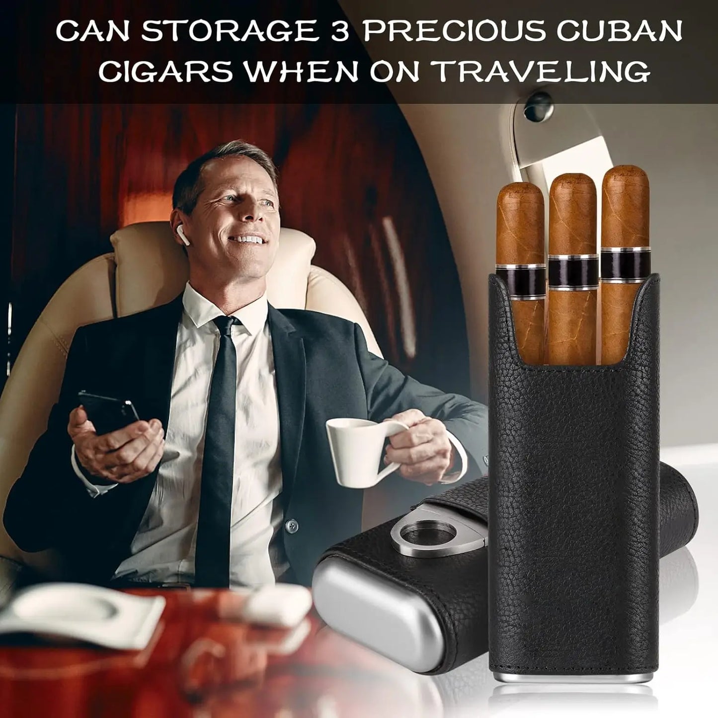 Leather Cigar Case, Cedar Wood Lining Travel Humidors for Cigars, Cigar Accessories Include Stainless Steel Cigar Cutter