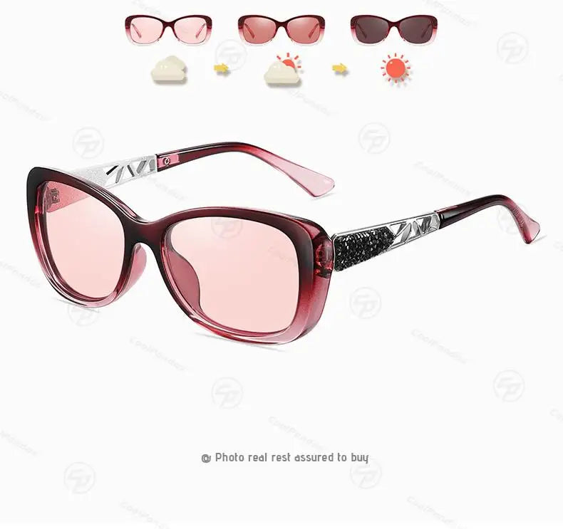 Diamond Frame Photochromic Polarized UV400 Fashion Sunglasses for Women Travel Glasses