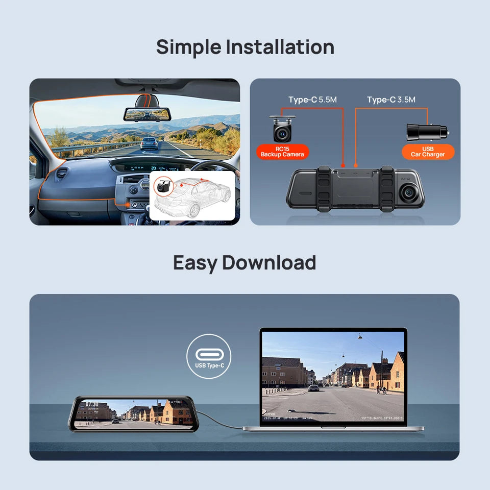 Rearview Dash Cam S410 9.35" Touch Screen Mirror Dash Cam – Dual Channel 1440P HDR Front & Rear Car DVR with WiFi, Night Vision, G-Sensor