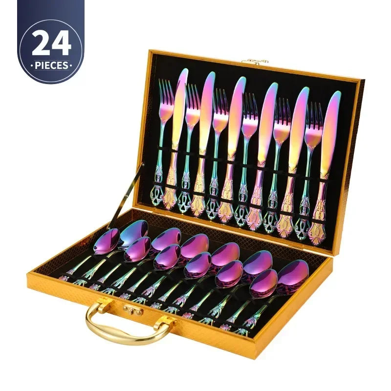 4pcs Gold Stainless Steel Cutlery Set Royal European Spoon Fork and Steak Knife Retro Hollow Design Dinnerware Luxury Tableware