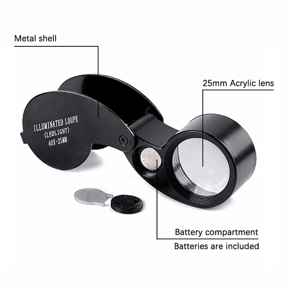 40X LED Foldable Jewelry Loupe 25mm Pocket Magnifier