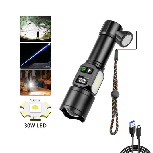 White Laser High Power Rechargeable LED Flashlight with Digital Display Magnet COB Side Light Zoom Torch