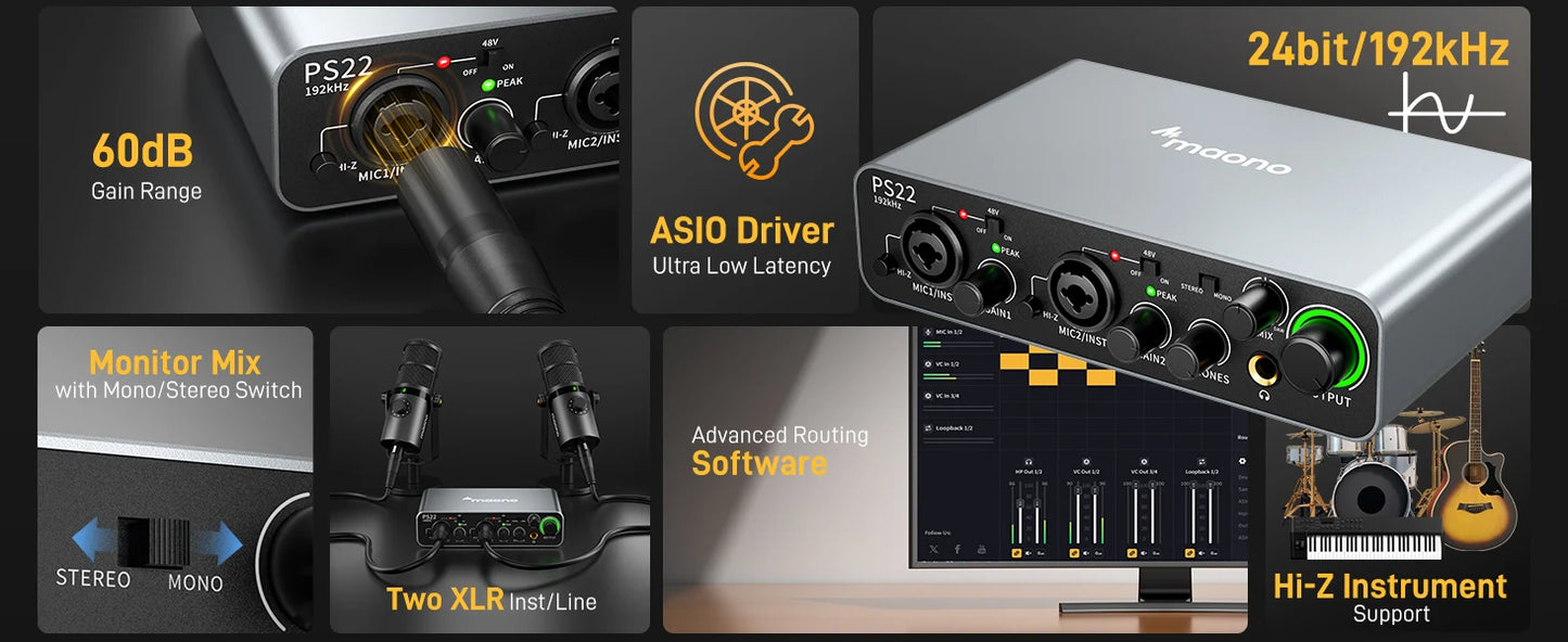 PS22 USB Audio Interface for PC,60dB Pro-Preamp, 24bit 192kHz,Dual USB Interface for PC and Smartphone, Routing Software